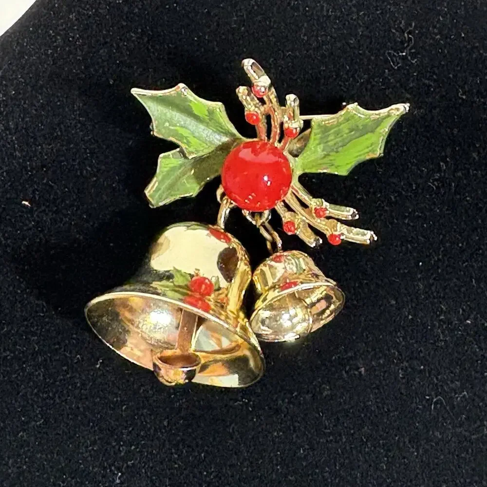 Double Brass Ringing Bells Enameled Holly Brooch Pin Vintage Christmas Holiday